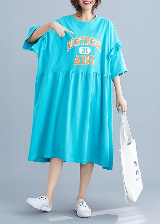 Unique Blue Alphabet Prints Cotton Long Shirts Ruffles Sleeve Maxi Summer Dresses