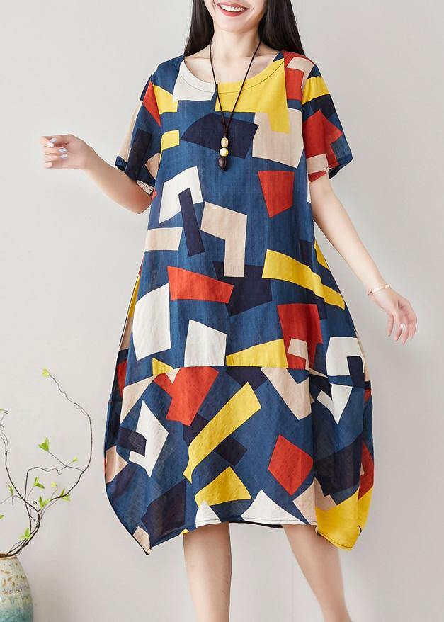 Unique Blue Asymmetric Plaid Cotton Dresses Short Sleeve Art Summer Dress