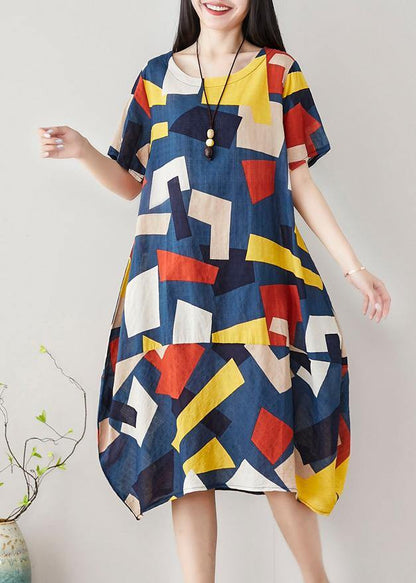 Unique Blue Asymmetric Plaid Cotton Dresses Short Sleeve Art Summer Dress
