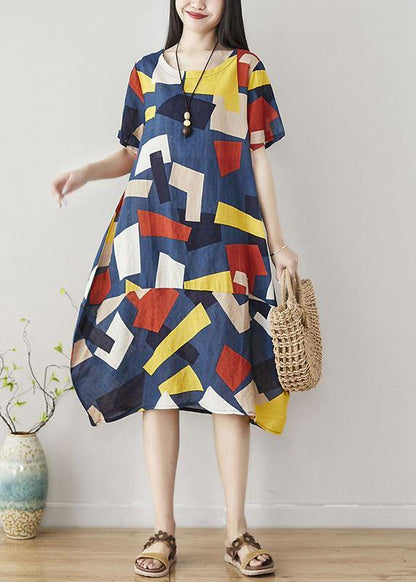 Unique Blue Asymmetric Plaid Cotton Dresses Short Sleeve Art Summer Dress
