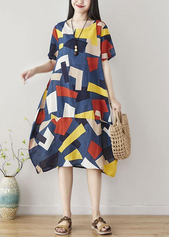 Unique Blue Asymmetric Plaid Cotton Dresses Short Sleeve Art Summer Dress