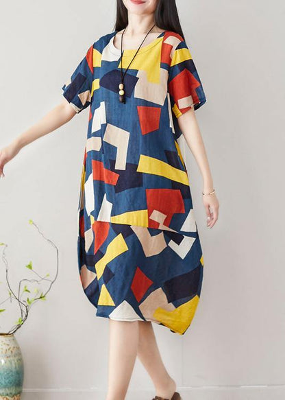 Unique Blue Asymmetric Plaid Cotton Dresses Short Sleeve Art Summer Dress