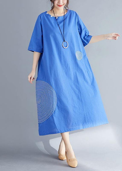 Unique Blue Cotton Tunics for Fine Outfits O Neck Embroidery a Line Summer Dresses