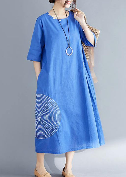 Unique Blue Cotton Tunics for Fine Outfits O Neck Embroidery a Line Summer Dresses