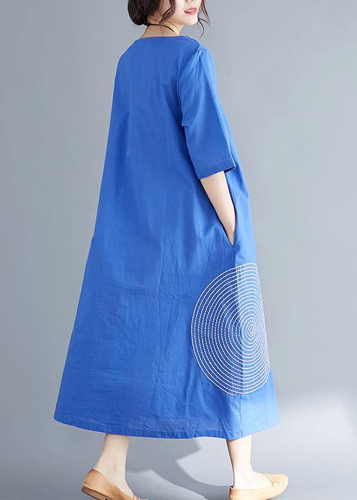 Unique Blue Cotton Tunics for Fine Outfits O Neck Embroidery a Line Summer Dresses