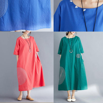 Unique Blue Cotton Tunics for Fine Outfits O Neck Embroidery a Line Summer Dresses