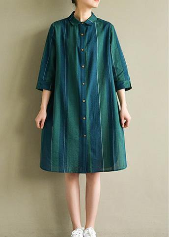 Unique Blue Green Striped Cotton Dresses Lapel Side Open Summer Dress