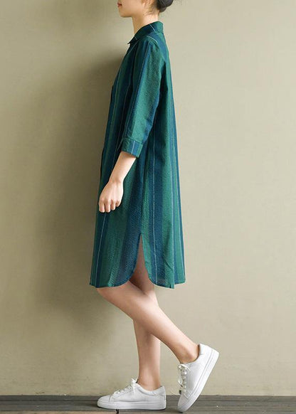 Unique Blue Green Striped Cotton Dresses Lapel Side Open Summer Dress