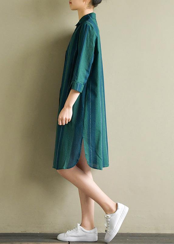 Unique Blue Green Striped Cotton Dresses Lapel Side Open Summer Dress
