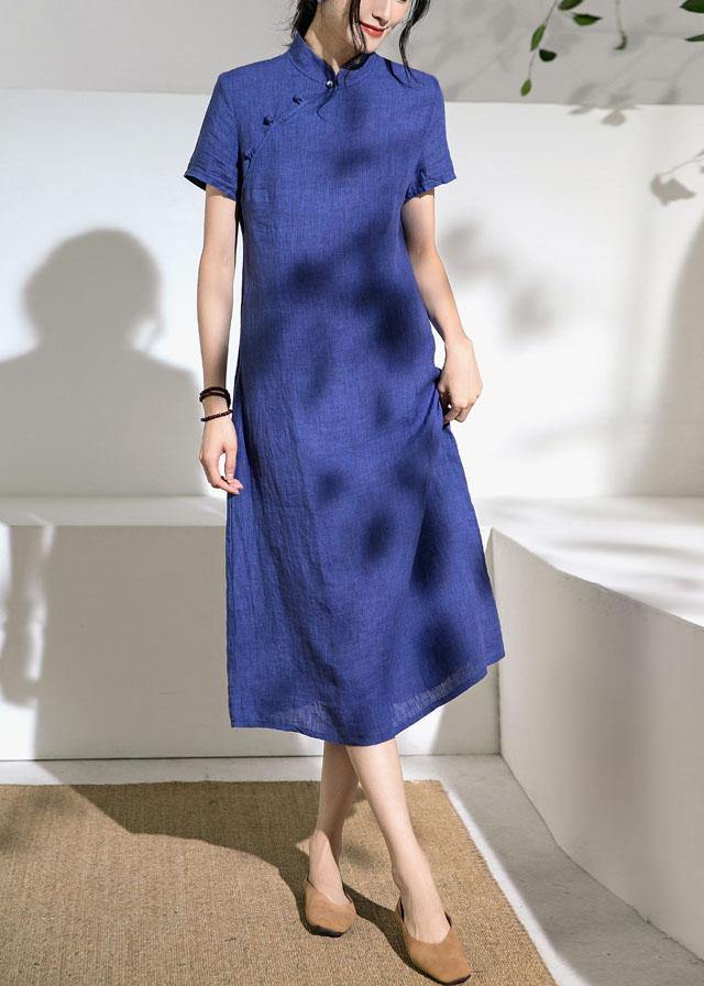 Unique Blue Linen Robes Stand Collar Robe Summer Dresses