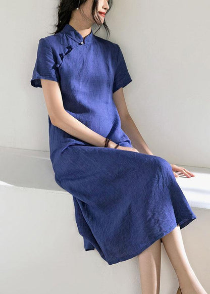 Unique Blue Linen Robes Stand Collar Robe Summer Dresses