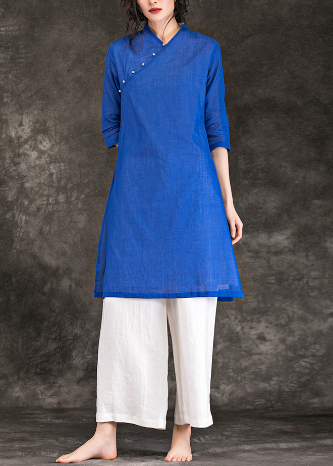 Unique Blue Linen Robes V Neck Three Quarter Sleeve Dresses Summer Dresses