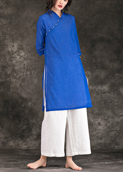 Unique Blue Linen Robes V Neck Three Quarter Sleeve Dresses Summer Dresses