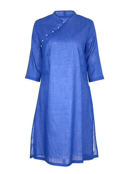 Unique Blue Linen Robes V Neck Three Quarter Sleeve Dresses Summer Dresses