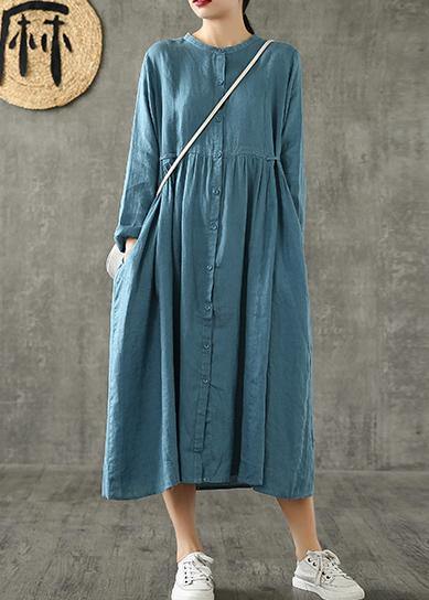 Unique Blue Linen Clothes for Cinched Pockets Spring Dresses