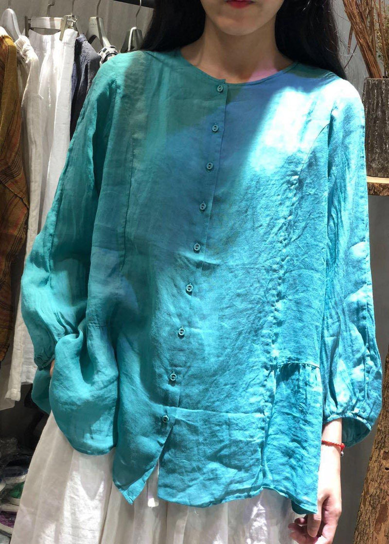 Unique Blue Linen Clothes Long Sleeve Baggy Fall Blouse