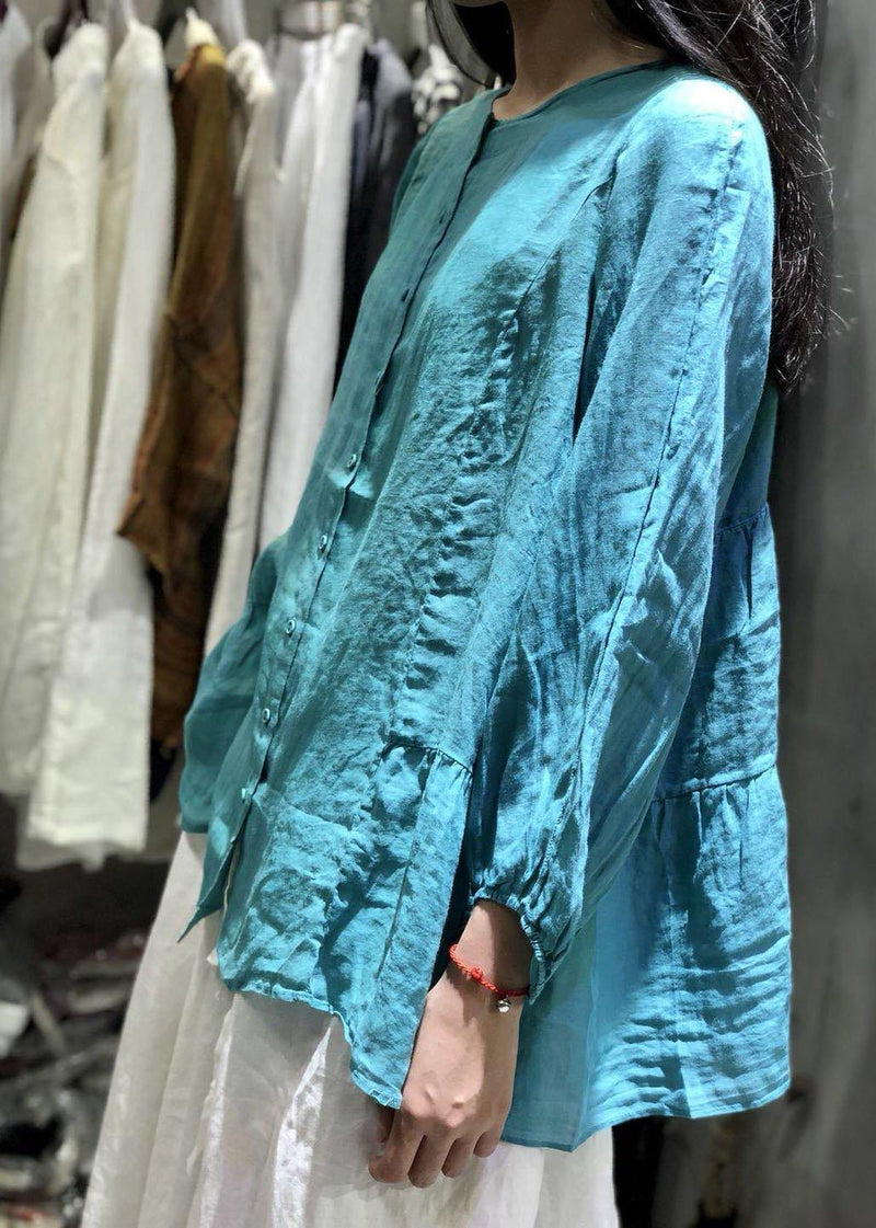 Unique Blue Linen Clothes Long Sleeve Baggy Fall Blouse