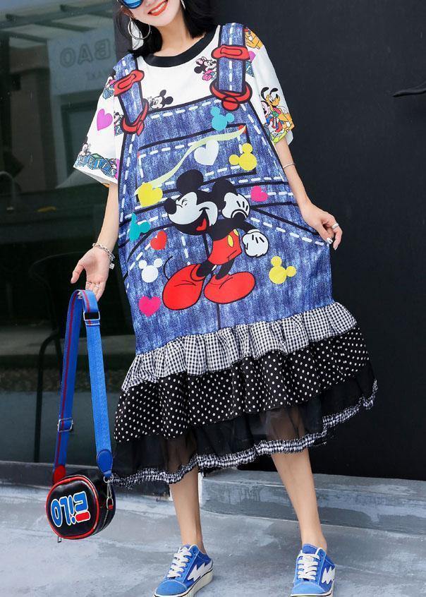 Unique Blue Prints Cotton Tunic Dress Ruffles Hem Daily Summer Dresses