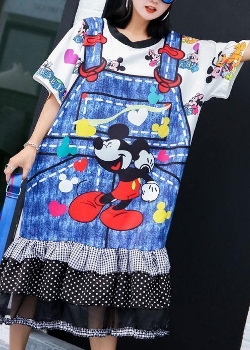 Unique Blue Prints Cotton Tunic Dress Ruffles Hem Daily Summer Dresses