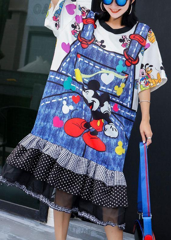 Unique Blue Prints Cotton Tunic Dress Ruffles Hem Daily Summer Dresses