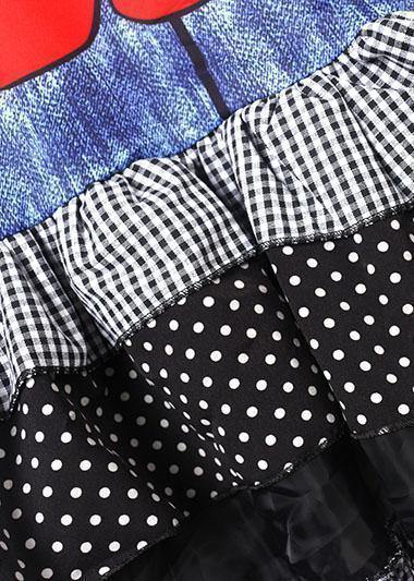 Unique Blue Prints Cotton Tunic Dress Ruffles Hem Daily Summer Dresses