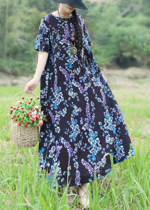 Unique Blue Prints Cotton Tunic Top Design Loose Waist Loose Summer Dress
