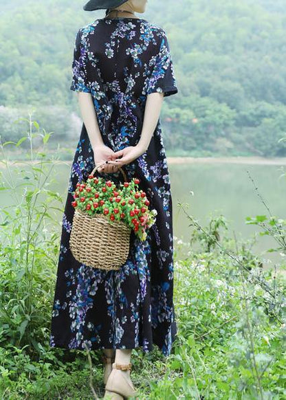 Unique Blue Prints Cotton Tunic Top Design Loose Waist Loose Summer Dress