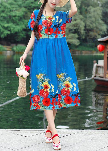Unique Blue Short Sleeve Cotton Tunics Print Maxi Summer Dresses