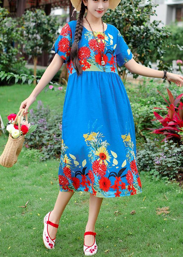 Unique Blue Short Sleeve Cotton Tunics Print Maxi Summer Dresses