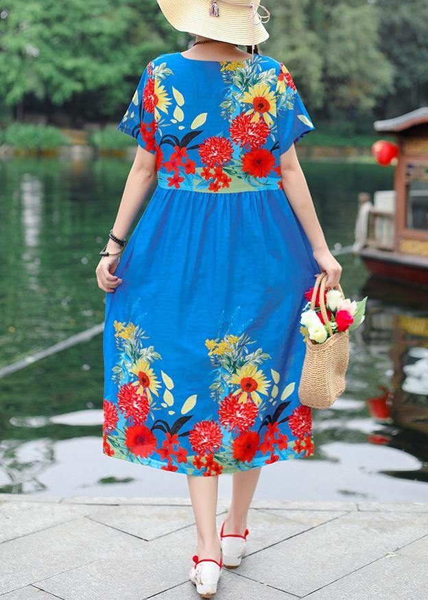 Unique Blue Short Sleeve Cotton Tunics Print Maxi Summer Dresses