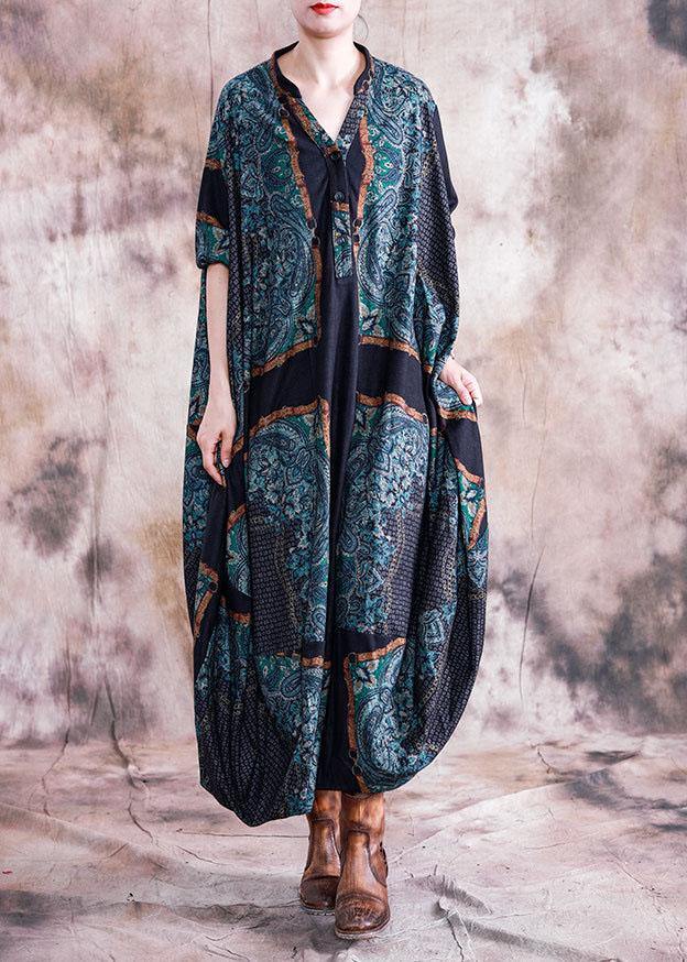 Unique Blue Striped Clothes V Neck Batwing Sleeve Maxi Fall Dress
