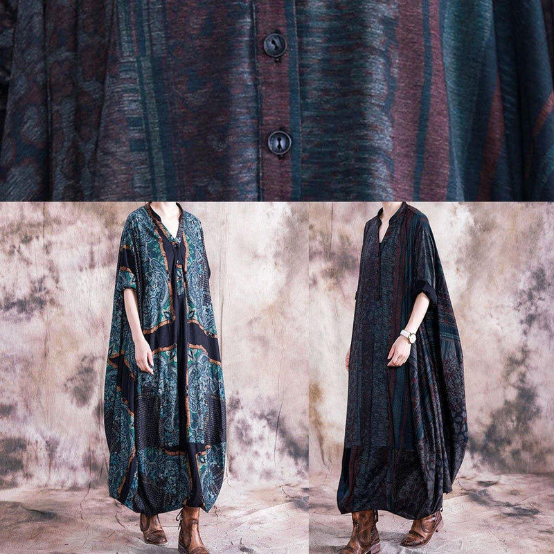 Unique Blue Striped Clothes V Neck Batwing Sleeve Maxi Fall Dress