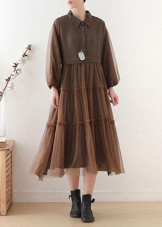 Unique Chocolate Linen Dress Lapel Large Hem Maxi Fall Dresses