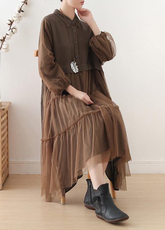 Unique Chocolate Linen Dress Lapel Large Hem Maxi Fall Dresses