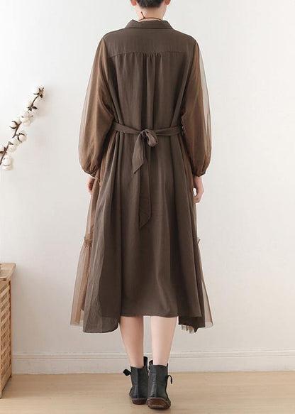 Unique Chocolate Linen Dress Lapel Large Hem Maxi Fall Dresses
