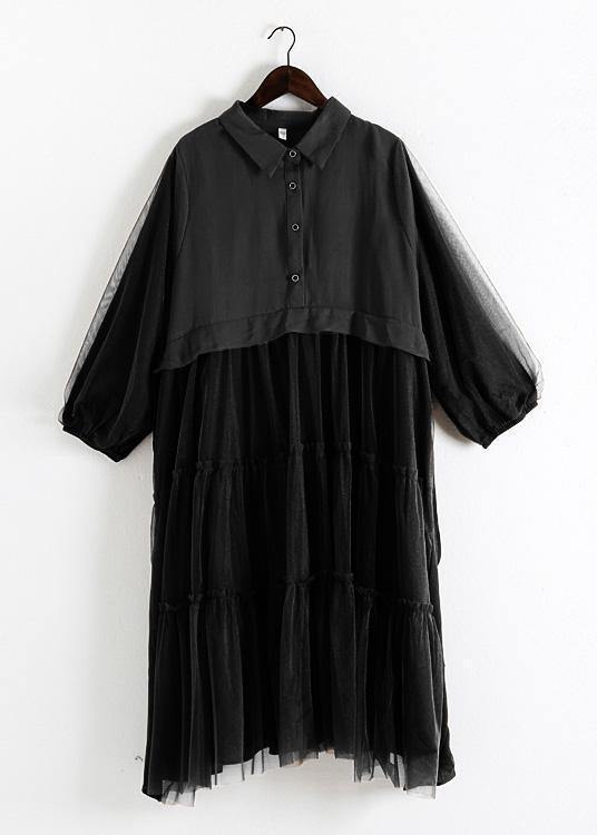 Unique Chocolate Linen Dress Lapel Large Hem Maxi Fall Dresses