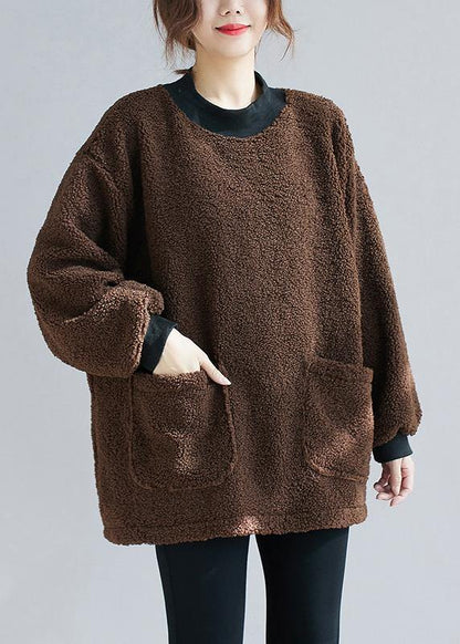 Unique chocolate tunic pattern o neck pockets short tops