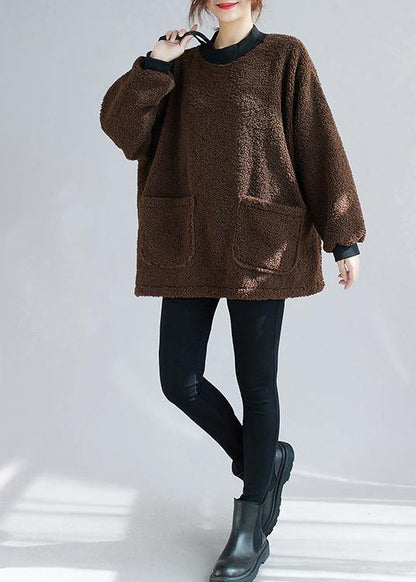 Unique chocolate tunic pattern o neck pockets short tops