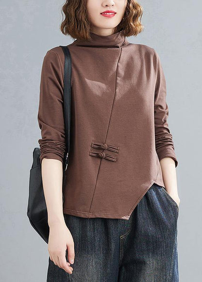 Unique chocolate tunics for women high neck Chinese Button tunic tops