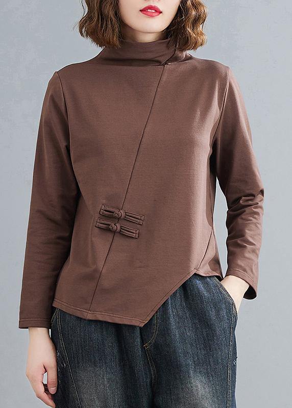 Unique chocolate tunics for women high neck Chinese Button tunic tops