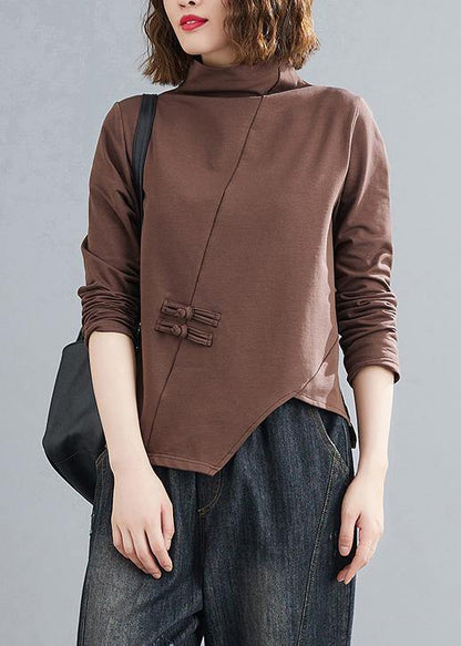 Unique chocolate tunics for women high neck Chinese Button tunic tops