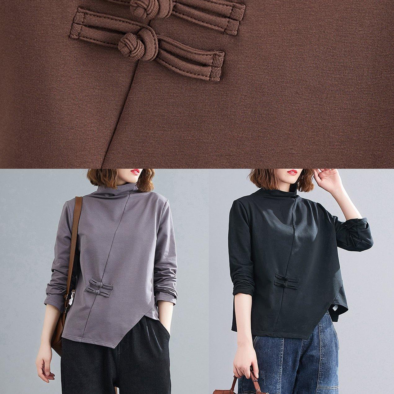 Unique chocolate tunics for women high neck Chinese Button tunic tops