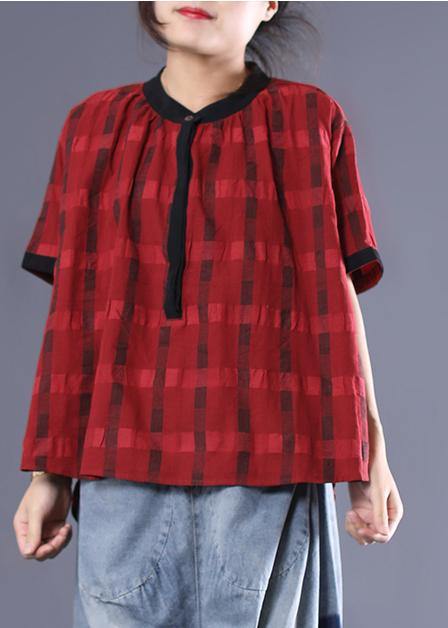 Unique Cotton Box Top Irregular Plaid Loose Short Sleeve Blouse