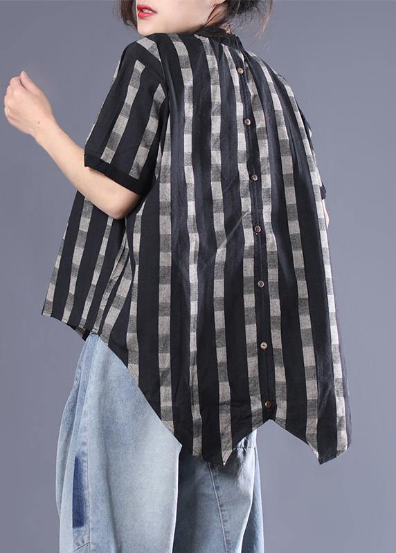 Unique Cotton Box Top Irregular Plaid Loose Short Sleeve Blouse