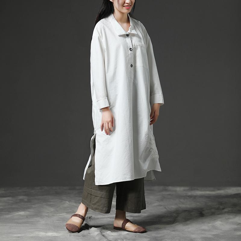 Unique Cotton Clothes Drops Design White Long Sleeve Cotton Shirt Dress