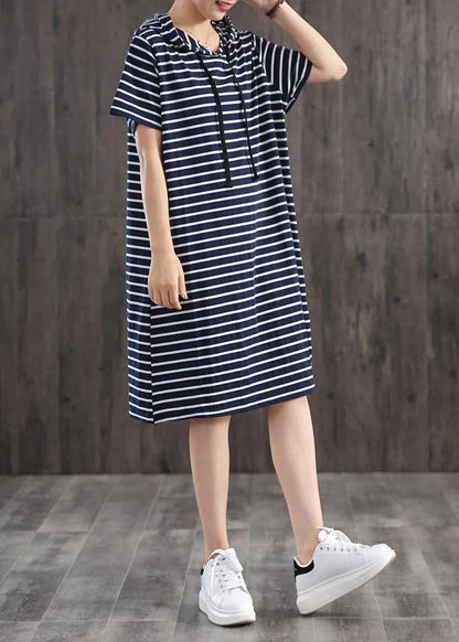 Unique Cotton Clothes Classic Wild Striped Hooded Loose Dress