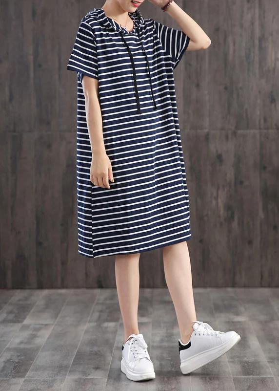 Unique Cotton Clothes Classic Wild Striped Hooded Loose Dress