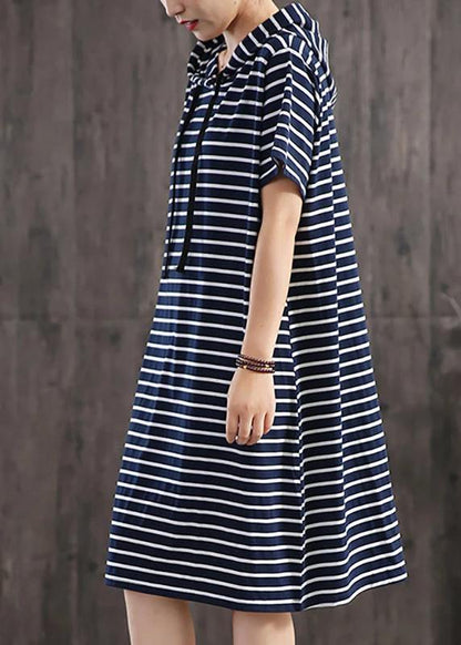 Unique Cotton Clothes Classic Wild Striped Hooded Loose Dress