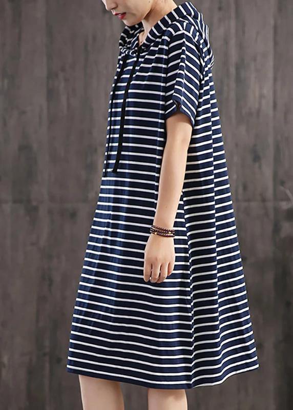 Unique Cotton Clothes Classic Wild Striped Hooded Loose Dress