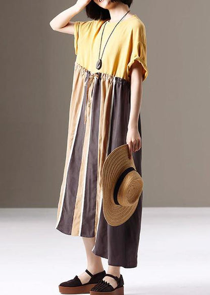 Unique Cotton Clothes Stylish Spliced Striped Round Neck A-line Dress